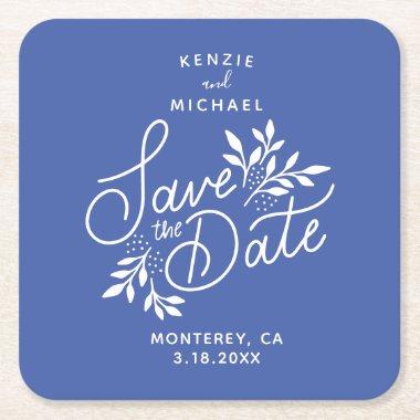 Wedding Save the Date Hand Drawn Botanicals Blue Square Paper Coaster