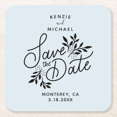 Wedding Save the Date Hand Drawn Botanicals Blue Square Paper Coaster