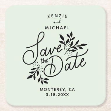 Wedding Save the Date Hand Drawn Botanicals Green Square Paper Coaster
