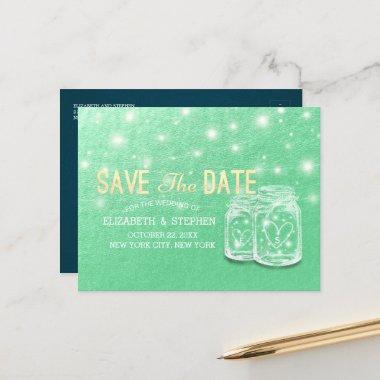 Wedding Save The Date Mason Jars Lights Green Gold PostInvitations