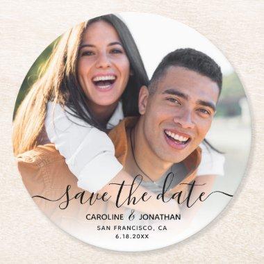 Wedding Save the Date Photo Script Calligraphy Rou Round Paper Coaster