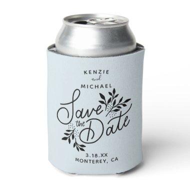 Wedding Save the Date Pretty Botanicals Dusty Blue Can Cooler