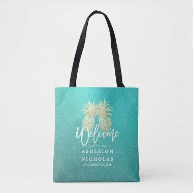 Wedding Welcome Golden Pineapple Couple Teal Roses Tote Bag