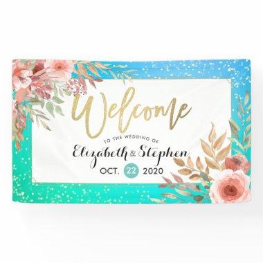Wedding Welcome Pink Flowers Teal & Gold Confetti Banner