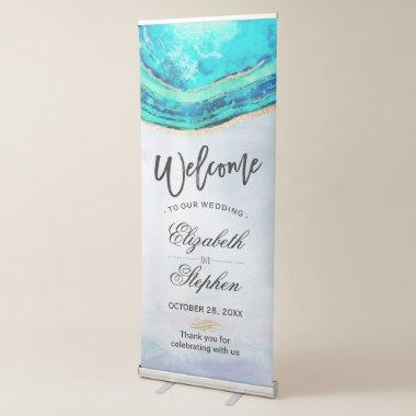 Wedding Welcome Watercolor Teal & Gold Agate Geode Retractable Banner