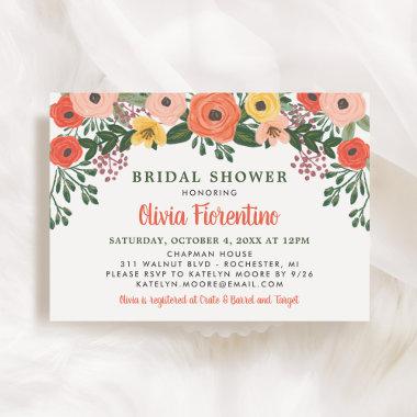 Whimsical Blush Coral Floral Wedding Bridal Shower Invitations