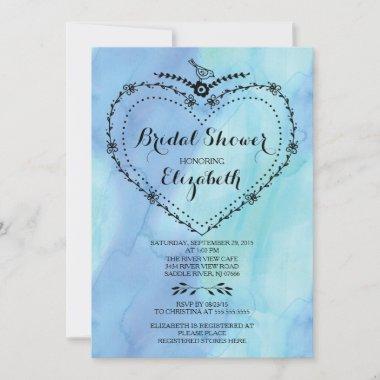Whimsical Heart Blue Watercolor Bridal Shower Invitations