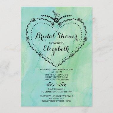 Whimsical Heart Green Watercolor Bridal Shower Invitations
