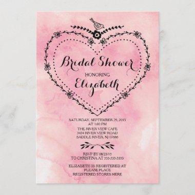 Whimsical Heart Pink Watercolor Bridal Shower Invitations