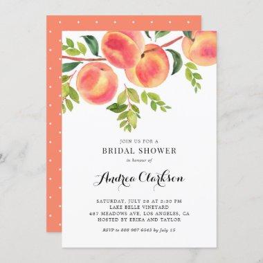 Whimsical Watercolor Peaches Summer Bridal Shower Invitations