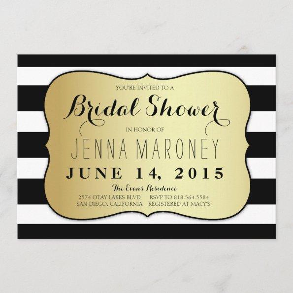 White and Black Stripes w/ Gold Foil Bridal Shower Invitations