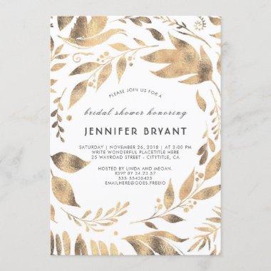 White and Gold Leaves Laurel Fall Bridal Shower Invitations