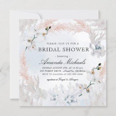 White & Blush Floral Beach Blue Bridal Shower Invitations