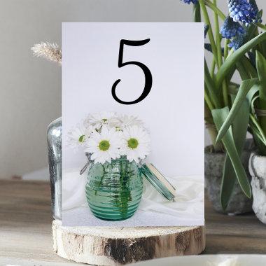 White Daisies in Blue Jar Vase Wedding Table Number