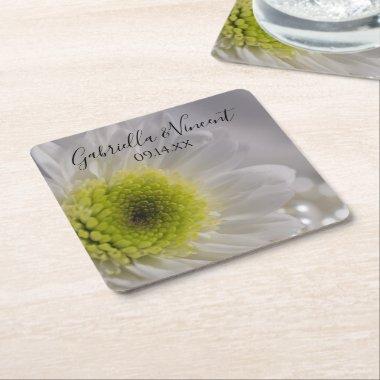 White Daisy and Pearls Wedding Square Paper Coaster