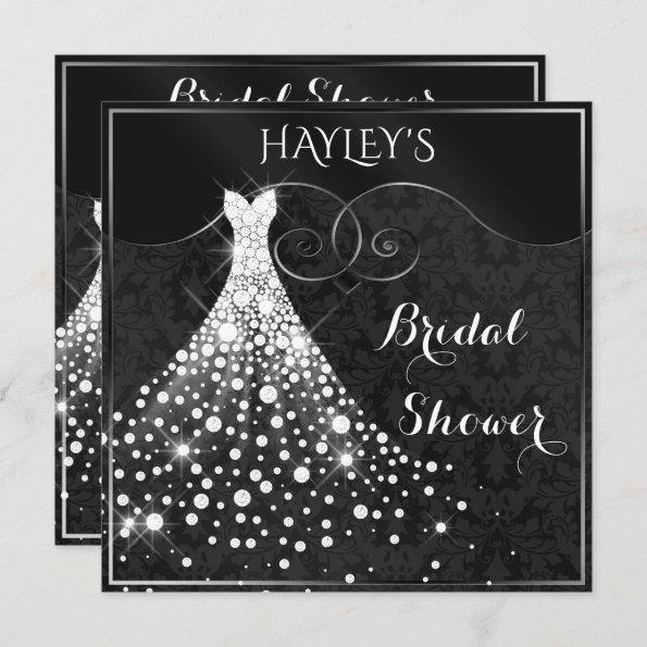 White Diamonds Gown Black Silver Bridal Shower Invitations