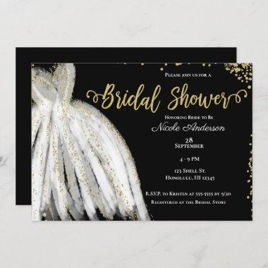 White Dress & Gold Glitter Black Bridal Shower Invitations