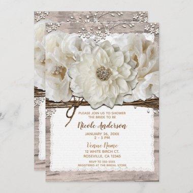 White Flowers & Birch Rustic Glam Bridal Shower Invitations