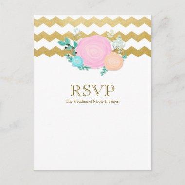 White & Gold Chevron Floral Garden Wedding RSVP Invitation PostInvitations