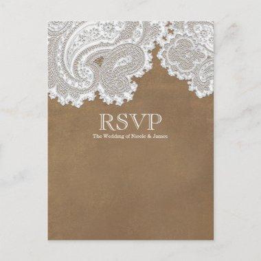 White Lace & Brown Rustic Elegant Wedding RSVP Invitation PostInvitations