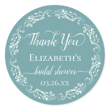 White Lace Elegant Teal Bridal Shower Thank You Classic Round Sticker