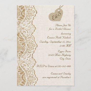 White lace & heart on burlap wedding bridal shower Invitations