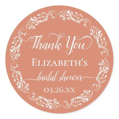 White Lace on Coral Orange Bridal Shower Thank You Classic Round Sticker
