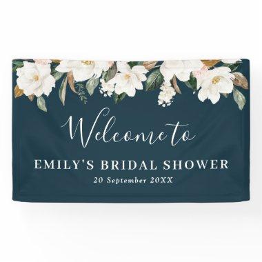 white magnolia floral bridal shower welcome banner