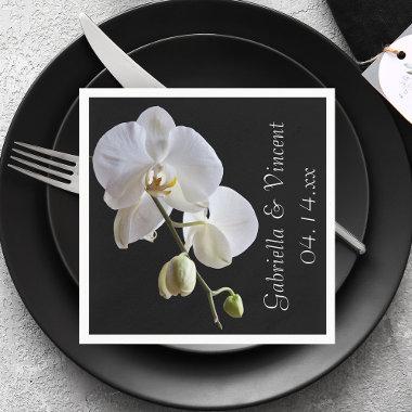 White Orchid on Black Wedding Paper Napkins