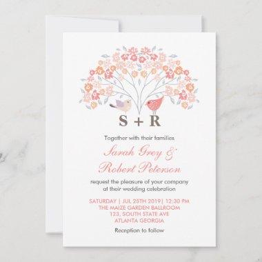 White Pink Flower Love Birds Wedding Invitations