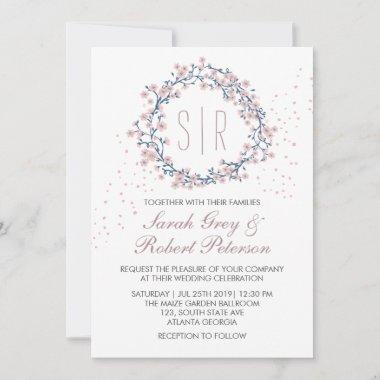 White Pink Flower Wreath Wedding Invitations