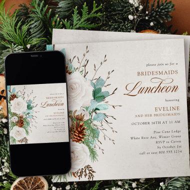 White Roses and Pine Cone Bridesmaids Luncheon Invitations