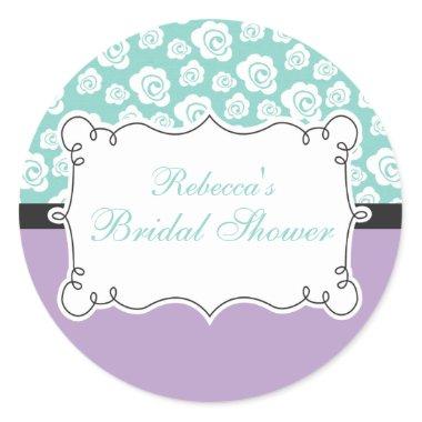 White Roses on Aqua & Purple Bridal Shower Classic Round Sticker