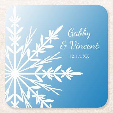 White Snowflakes on Blue Winter Wedding Square Paper Coaster