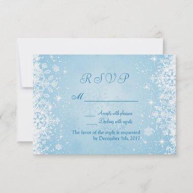 White snowflakes on silver blue RSVP Invitations