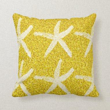 White Starfish Patterns Golden Glitter Nautical Throw Pillow