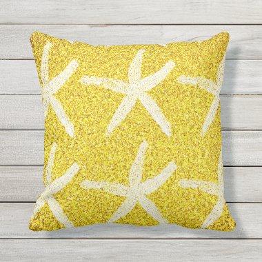 White Starfish Patterns Yellow Gold Glitter Beach Outdoor Pillow