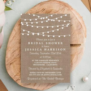 White String Lights On Rustic Burlap Bridal Shower Invitations