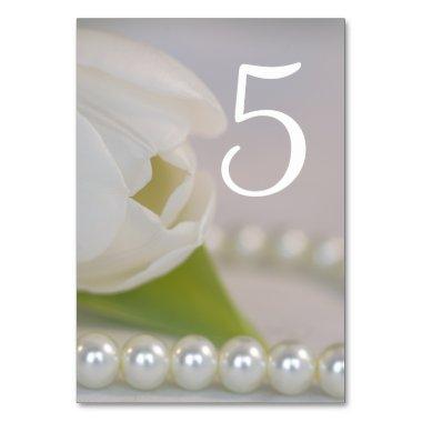 White Tulip and Pearls Spring Wedding Table Number
