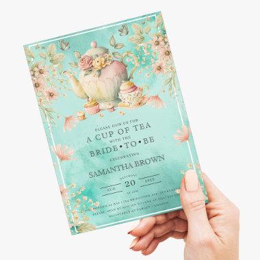 Wildflower Tea Party Teal Blue Bridal Shower Invitations