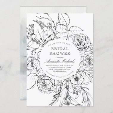 Winter Black White Minimalist Floral Bridal Shower Invitations