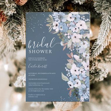 Winter dusty blue floral snow bridal shower Invitations