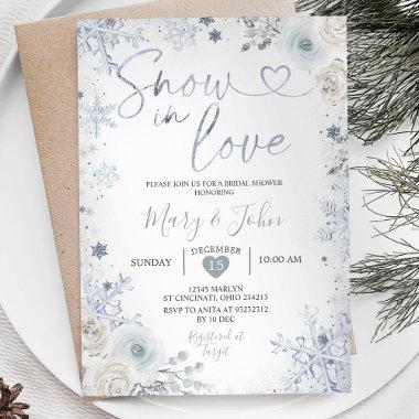 Winter Snow in Love Blue Snowflake Bridal Shower Invitations