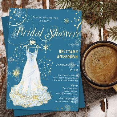 Winter Snowflake Script Bridal Shower Gold Foil Invitations
