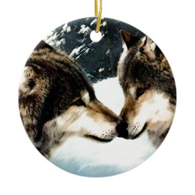 Wolves Wolf Snow Winter Snow Couple Love Ceramic Ornament