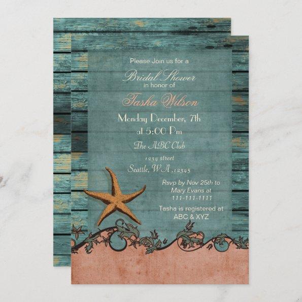 Wood Starfish Coral Rustic Beach Bridal Shower Invitations