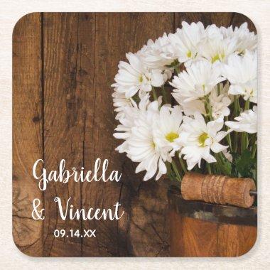 Wooden Bucket White Daisies Country Barn Wedding Square Paper Coaster