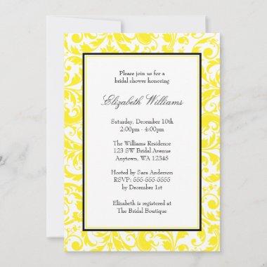 Yellow and Black Swirl Damask Bridal Shower Invitations