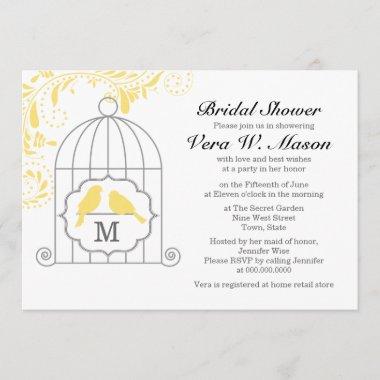 Yellow Birdcage With Love Birds Bridal Shower Invitations