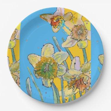 Yellow Daffodil Flower Painting Paper Party Plate